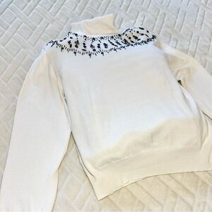 White Turtleneck Sweater with Black Beading Pattern Like New